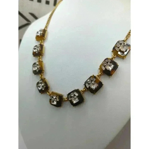 J Crew Gold Tortoise Shell Crystal Statement Necklace Womens Square Settings - Picture 4 of 9